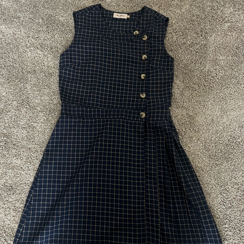 Miss Patina Navy Checkered Pinafore Dress